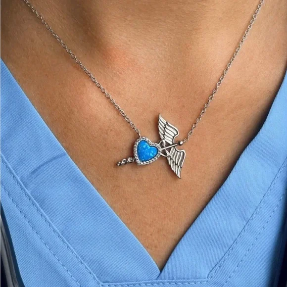 🌺 Frontline Btq Caduceus Heart Blue Fire Opal Necklace - Picture 2 of 3